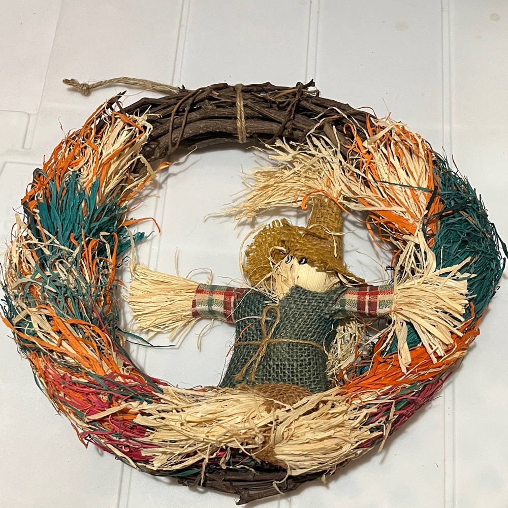 Autumn Wreath Fall Scarecrow Thanksgiving Decoration Rustic Wood